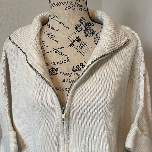 Talbots Poncho Sweater Womens MIvory Full Zip Knit Cotton Geomteric nordic style - Picture 4 of 10